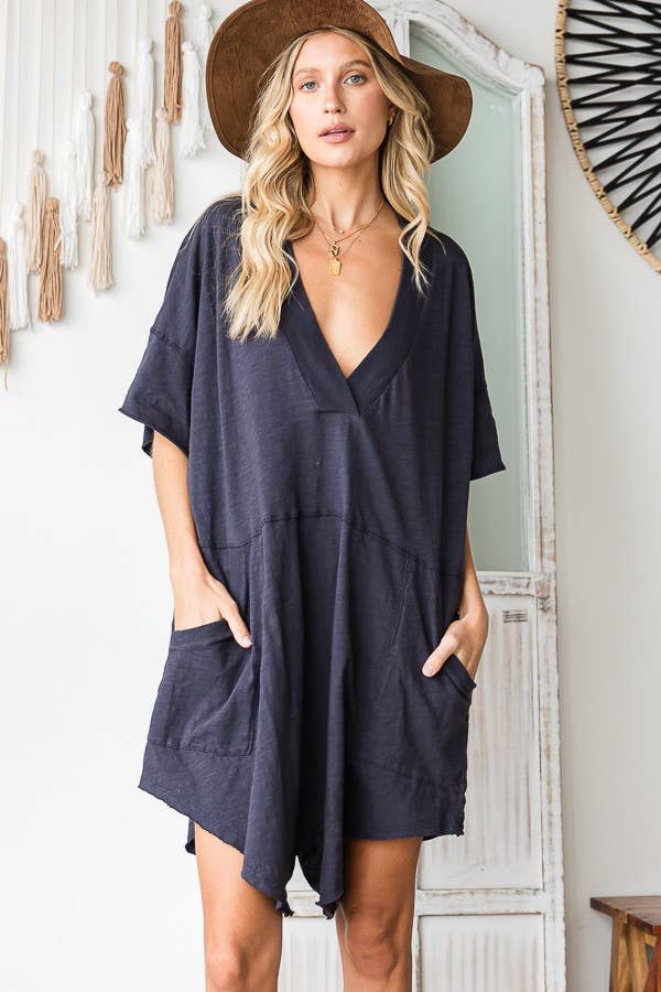 Navy Oversized Solid Romper with Pockets