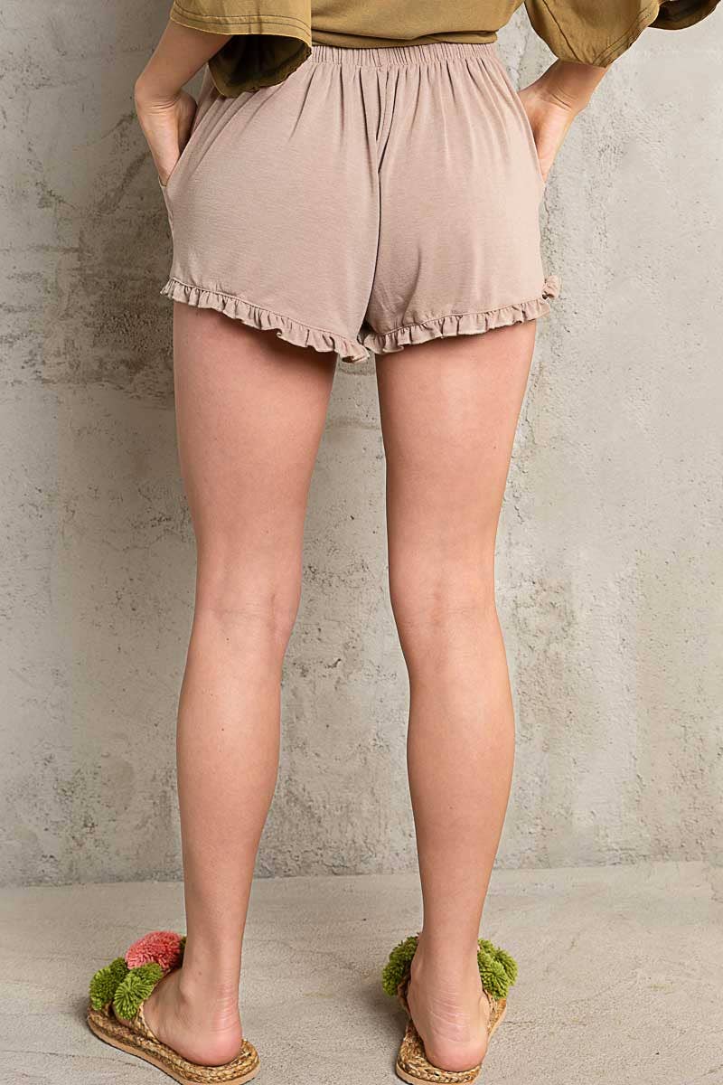 Mocha Back Elastic Waistband Ruffle Trim Dolphin Knit Shorts