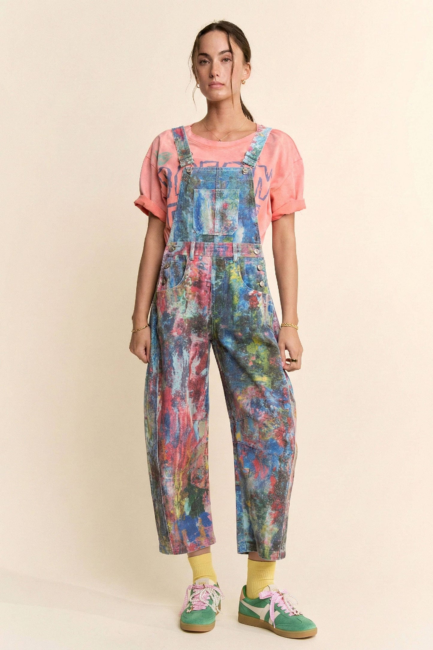 WATER COLOR DENIM BARREL PANTS OVERALL JUMPSUIT