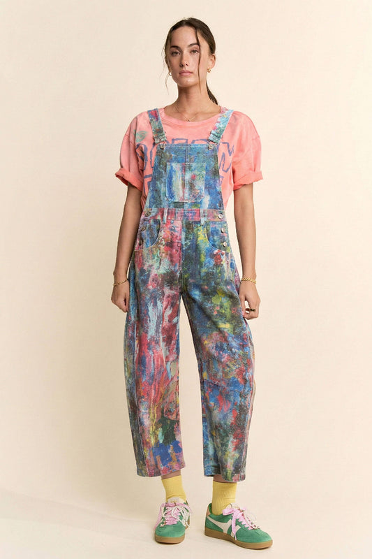 WATER COLOR DENIM BARREL PANTS OVERALL JUMPSUIT