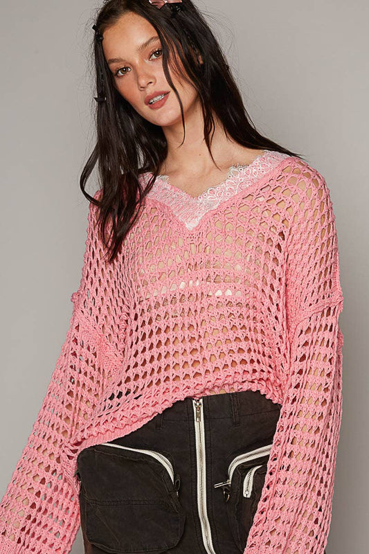 Barbie Pink V-Neck Long Sleeve Crochet Light Weight Sweater