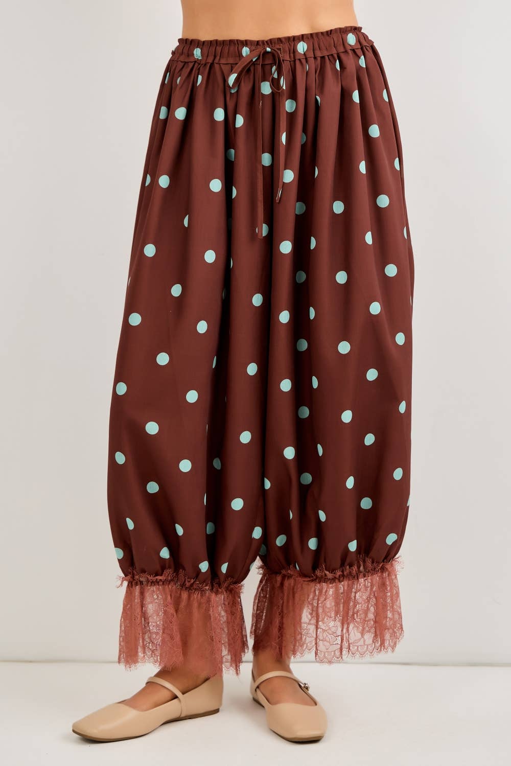 Pre order: EST SHIP SEPT 30 ❤️ POLKA DOT PRINT LACE TRIM PANTS