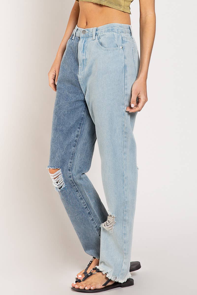 Distressed Edge Color Block Denim Pants