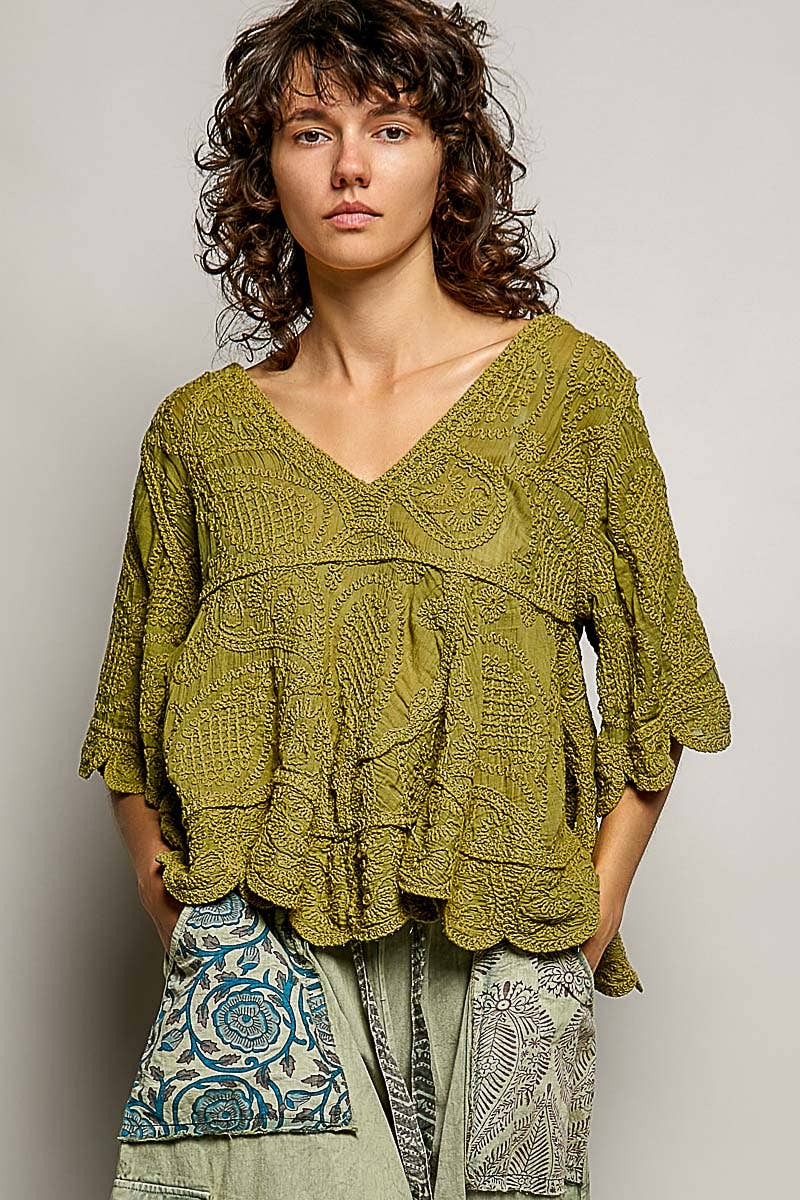 Short Sleeve V-neck Vintage Washing Solid Crochet Top