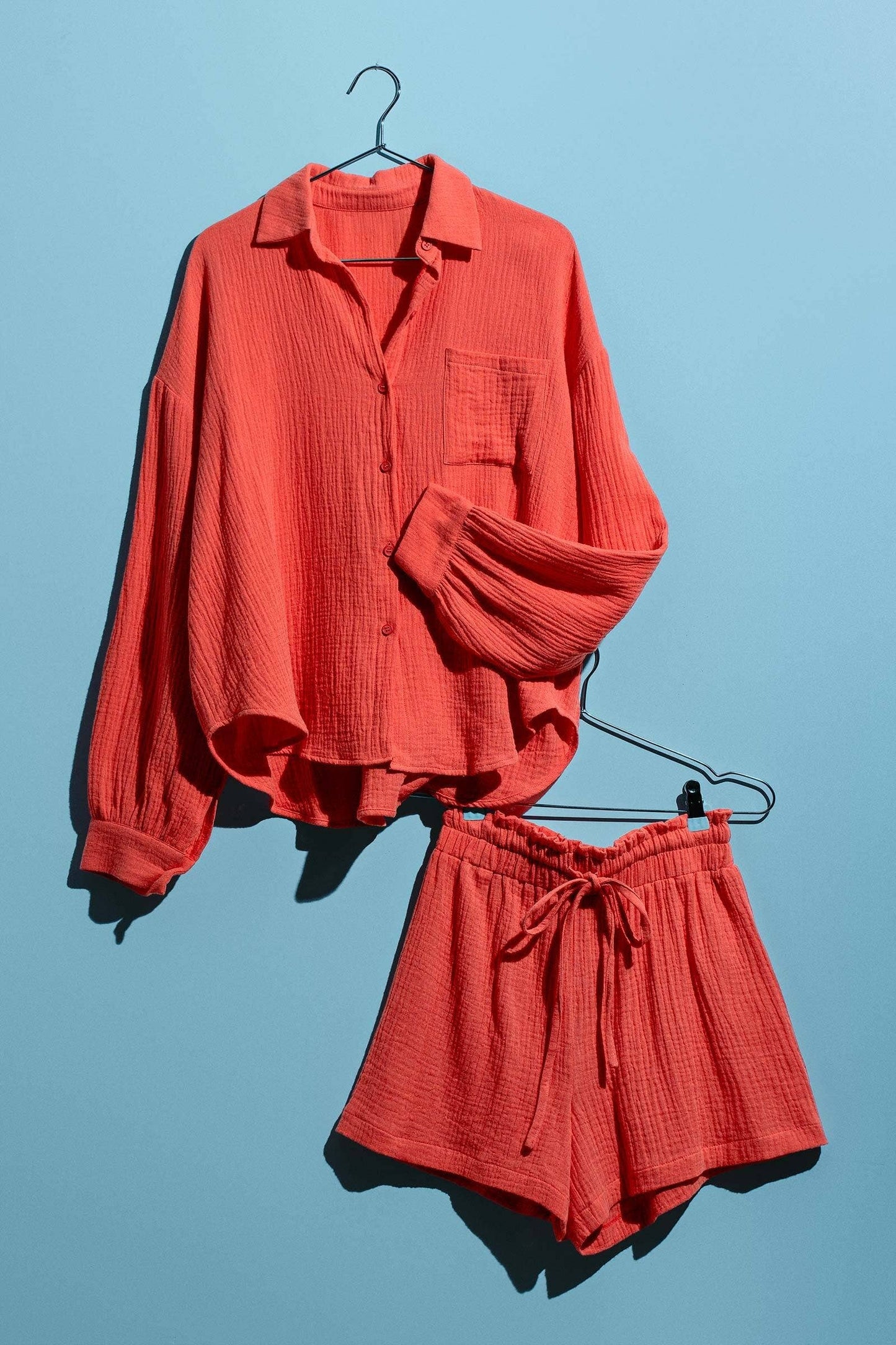 Coral Crinkle Cotton Gauze Resort Button-Up Set