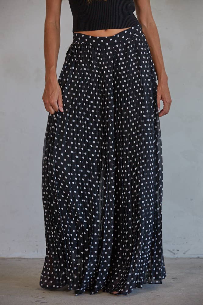 Polka Dot Pleated Chiffon Waist Band Wide Leg Pants
