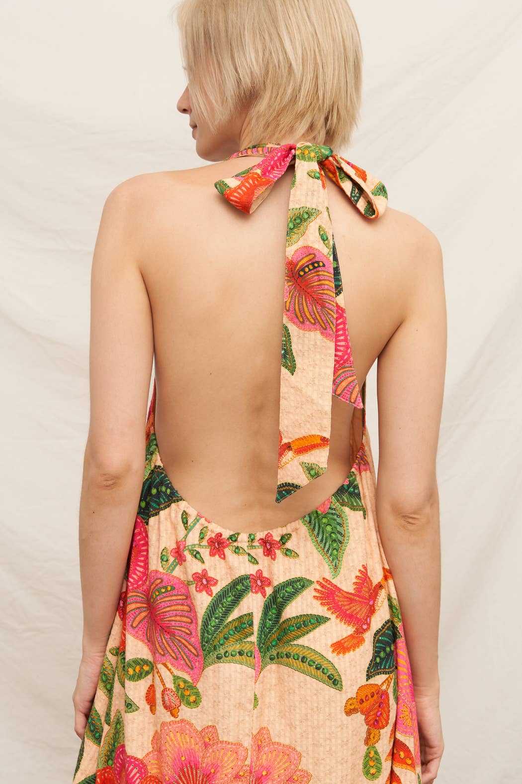 Textured Tropical Print Halter Neck Maxi Dress