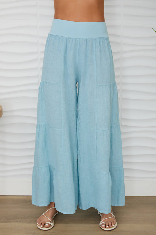 BLUE ZUCCERO LINEN TIERED PALAZZO PANT