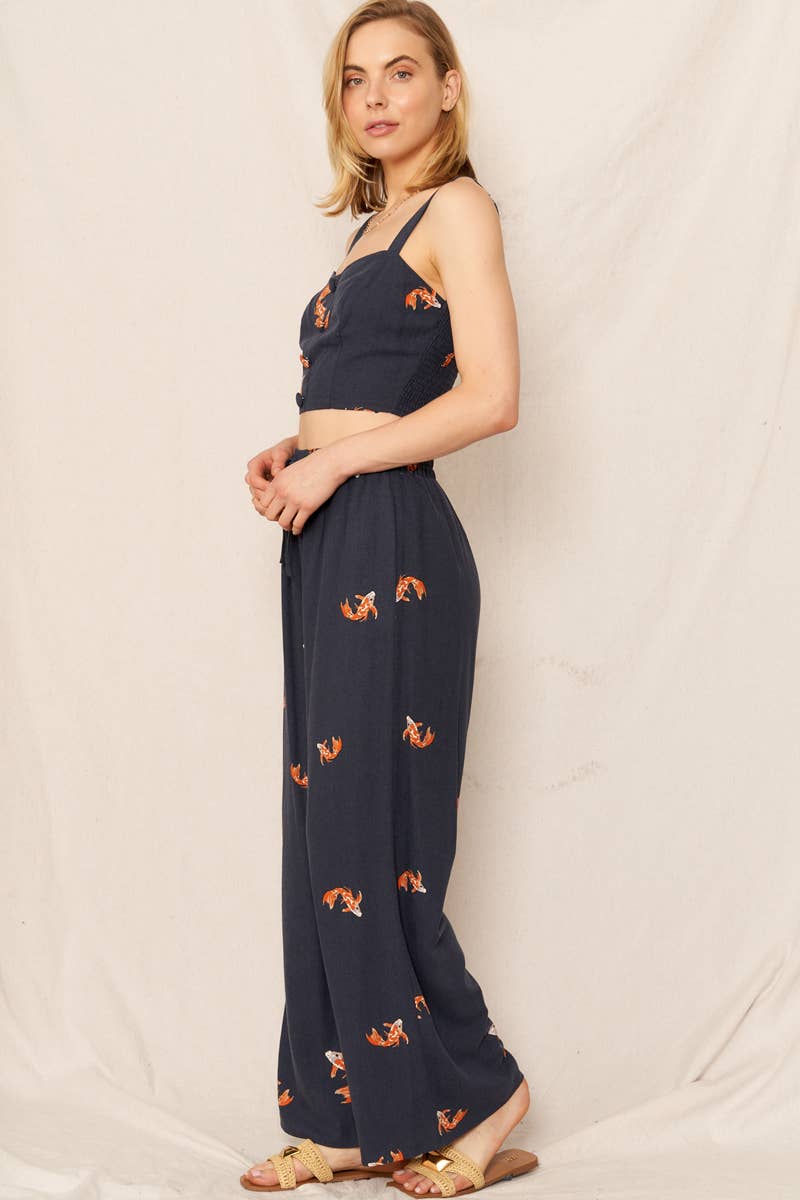 Koi Fish Print Wide Leg Pants