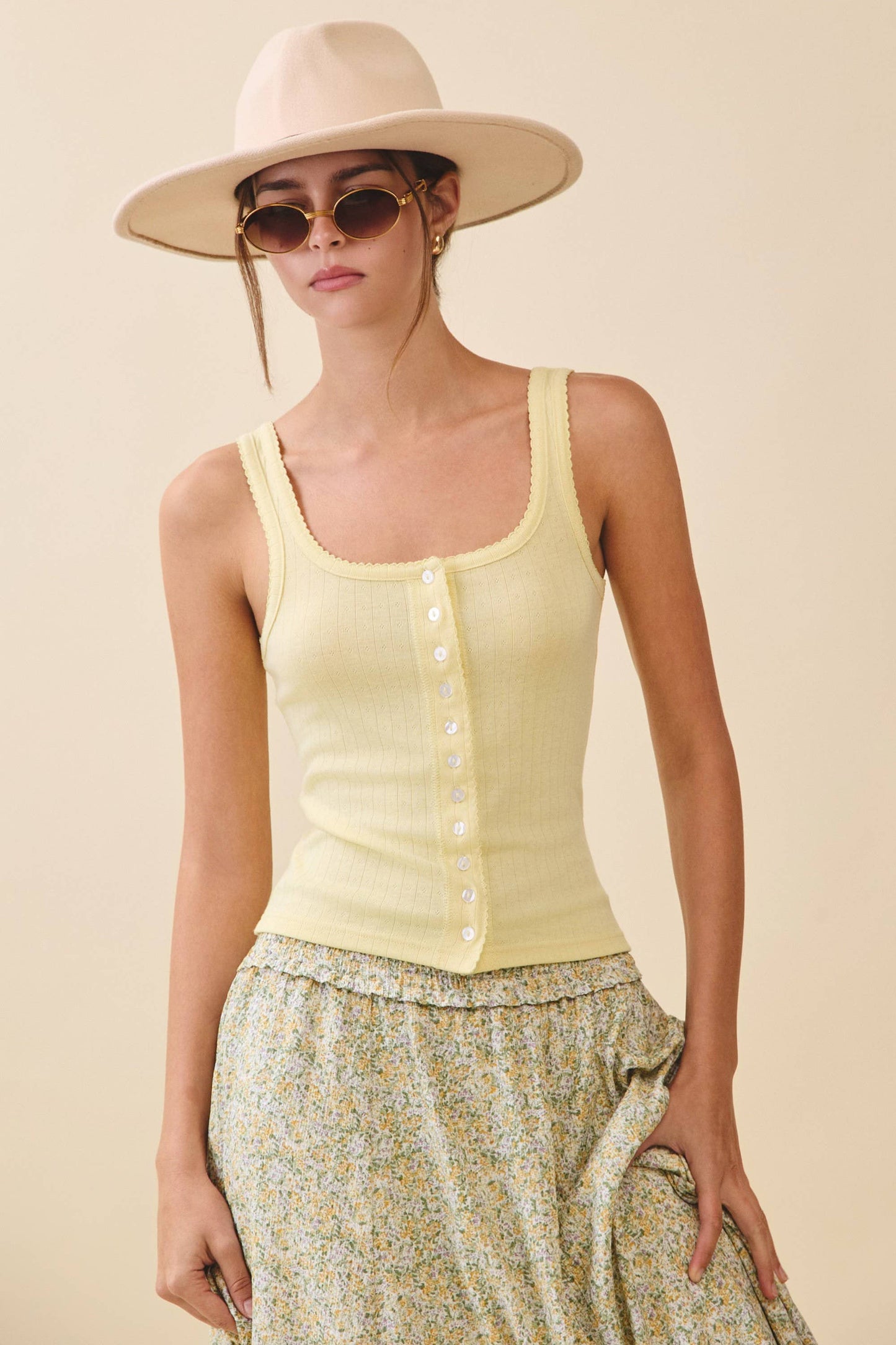 Pointelle Button Front Cami Tank