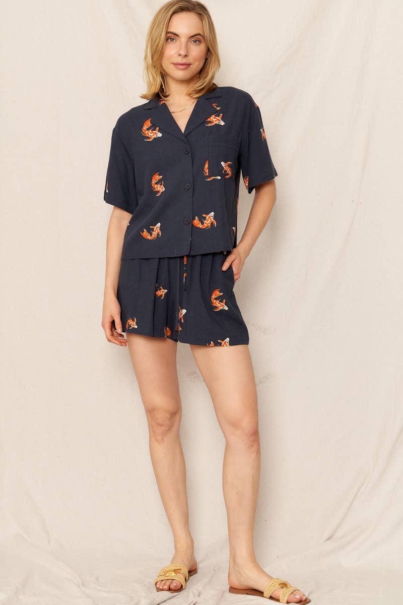 Koi Fish Print Short Sleeve Button Down Shirt