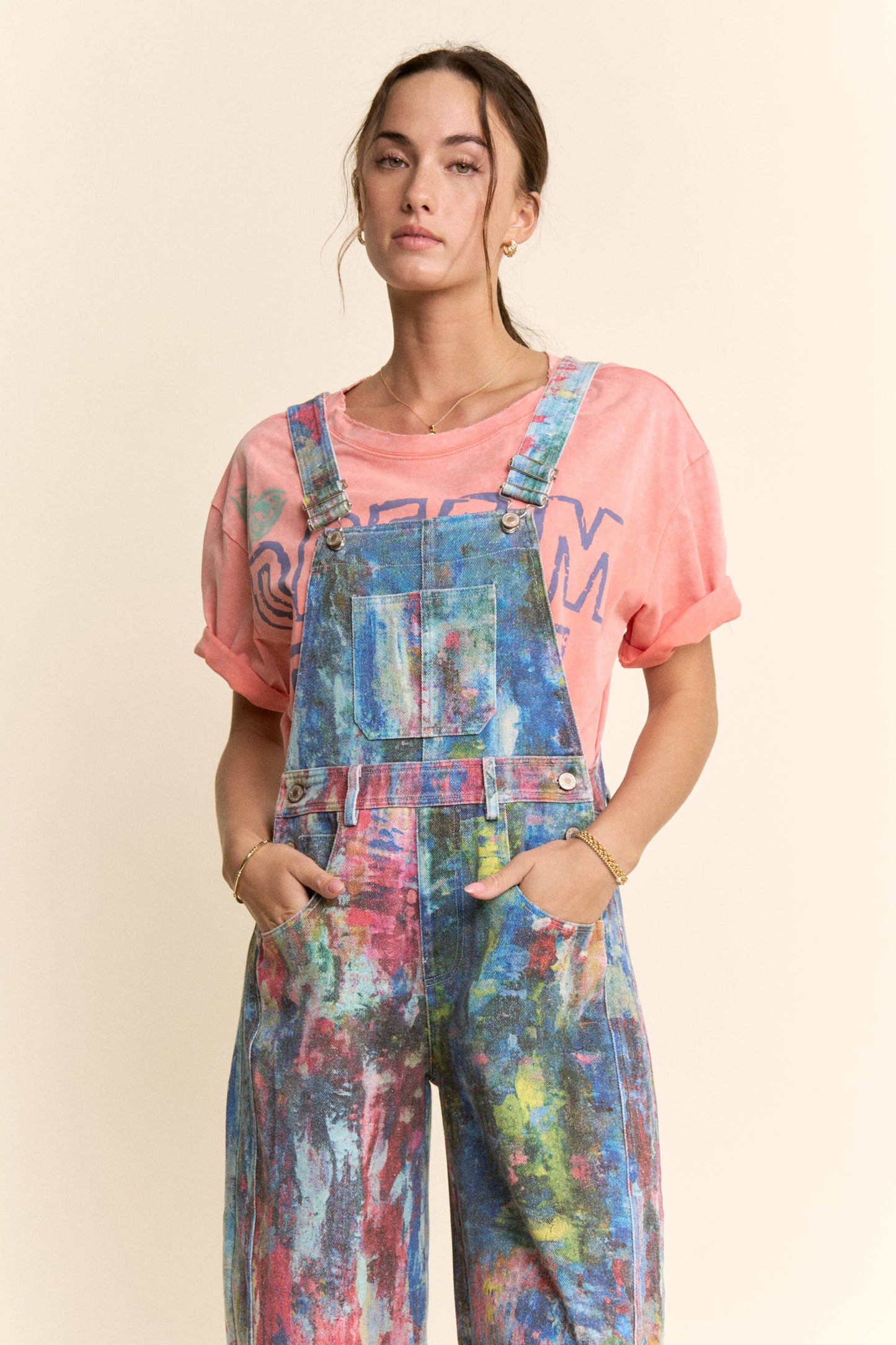 WATER COLOR DENIM BARREL PANTS OVERALL JUMPSUIT