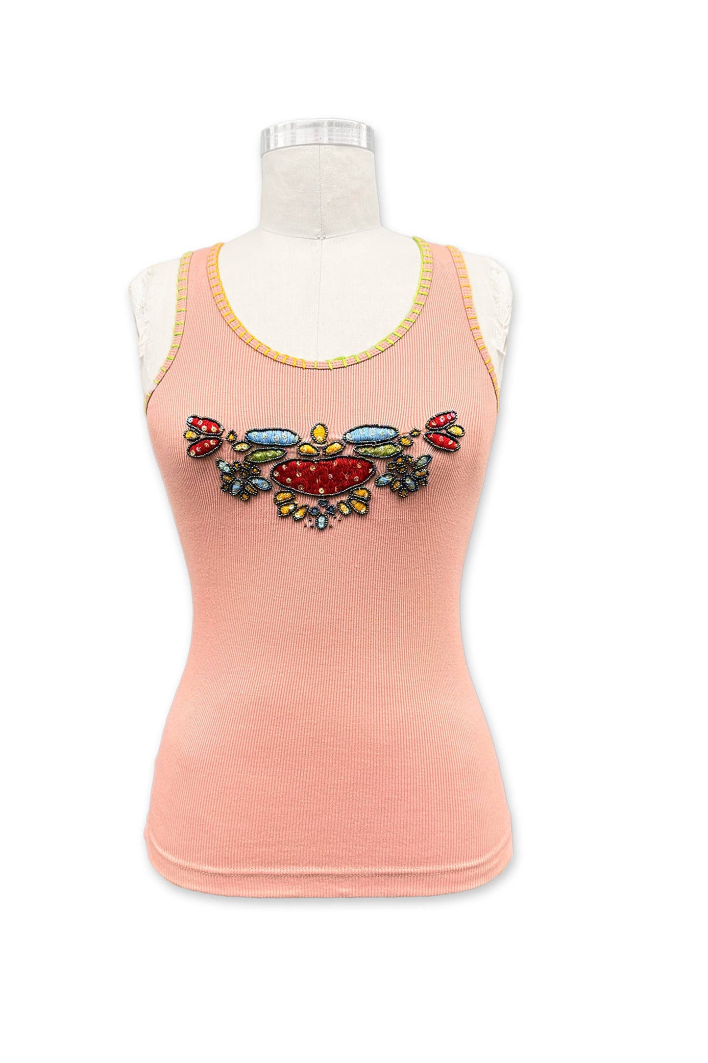 SHIP AUG 7-12 Retro Embroidered & Bead Trim Rib Tank