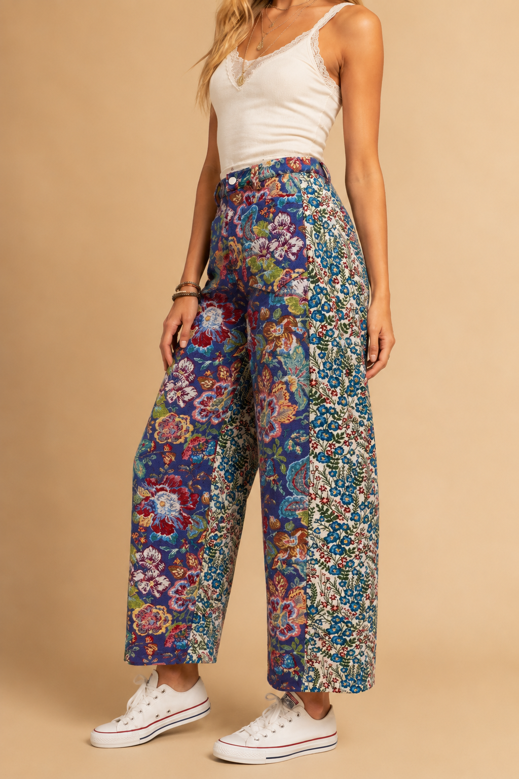 Vintage Tapestry Mixed-Print Wide-Leg Barrel Fit Pants