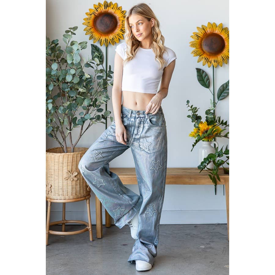 WASHED FOIL LOVE PATCHWORK DENIM JEANS