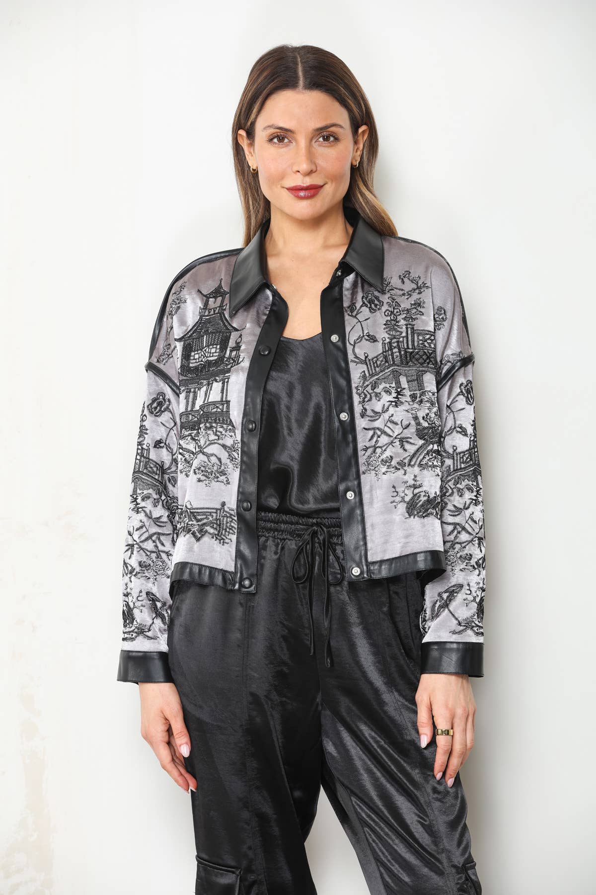 PRE ORDER SHIPS NOVEMBER 10 Embroidered Chinoiserie Crop Satin Jacket