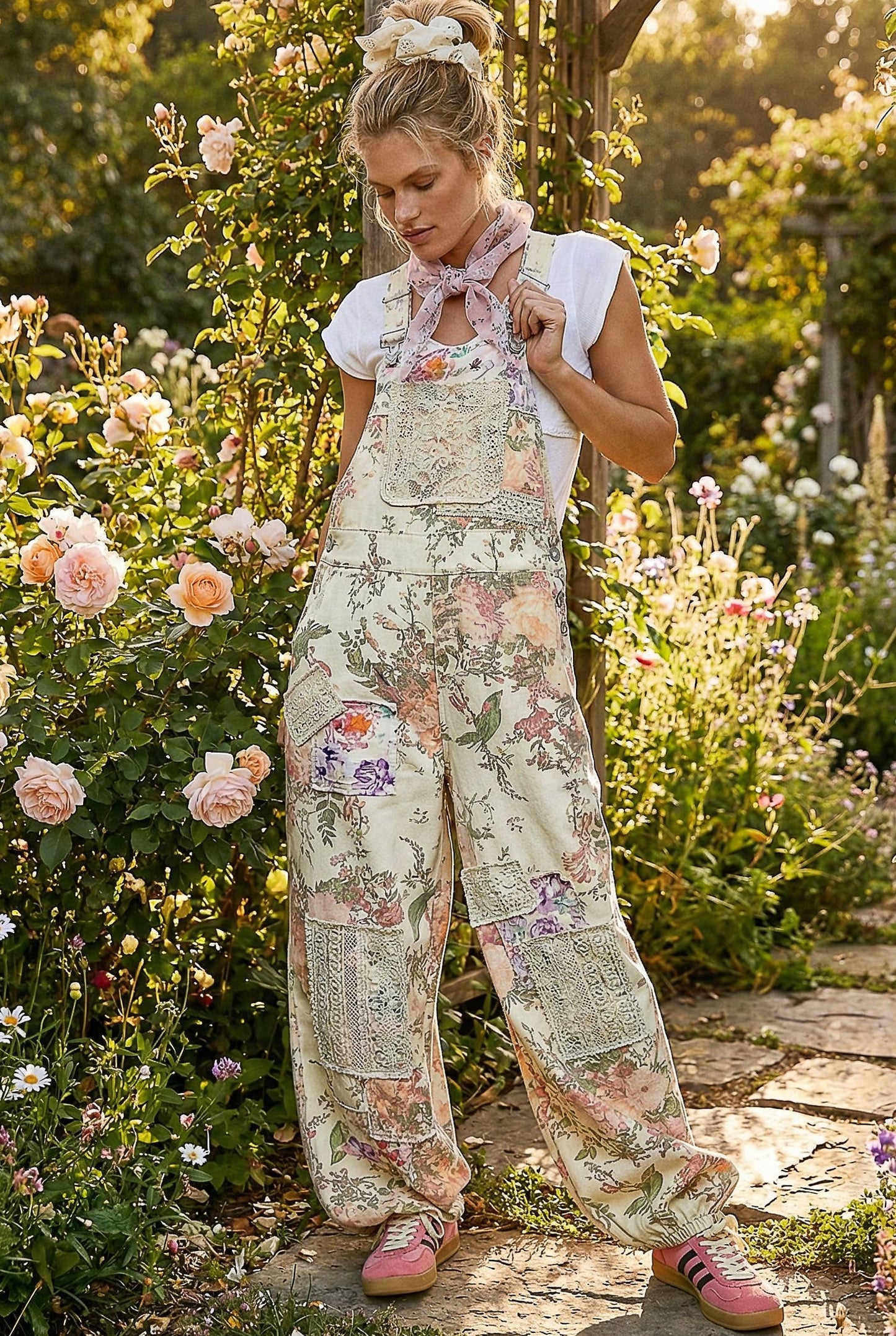 Printed Lace Patch Trim Strap Relaxed Fit Jogger Overalls