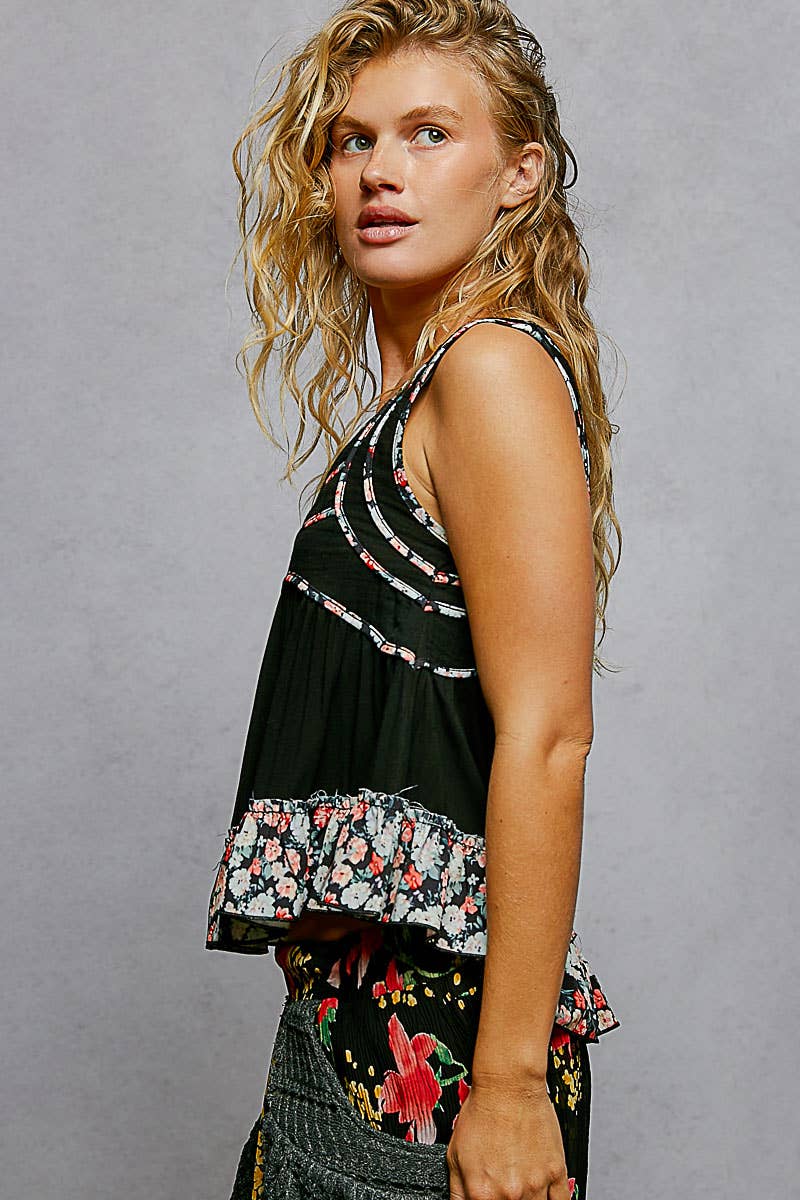 Square Neck Jersey Floral Trim Boho Tank Top