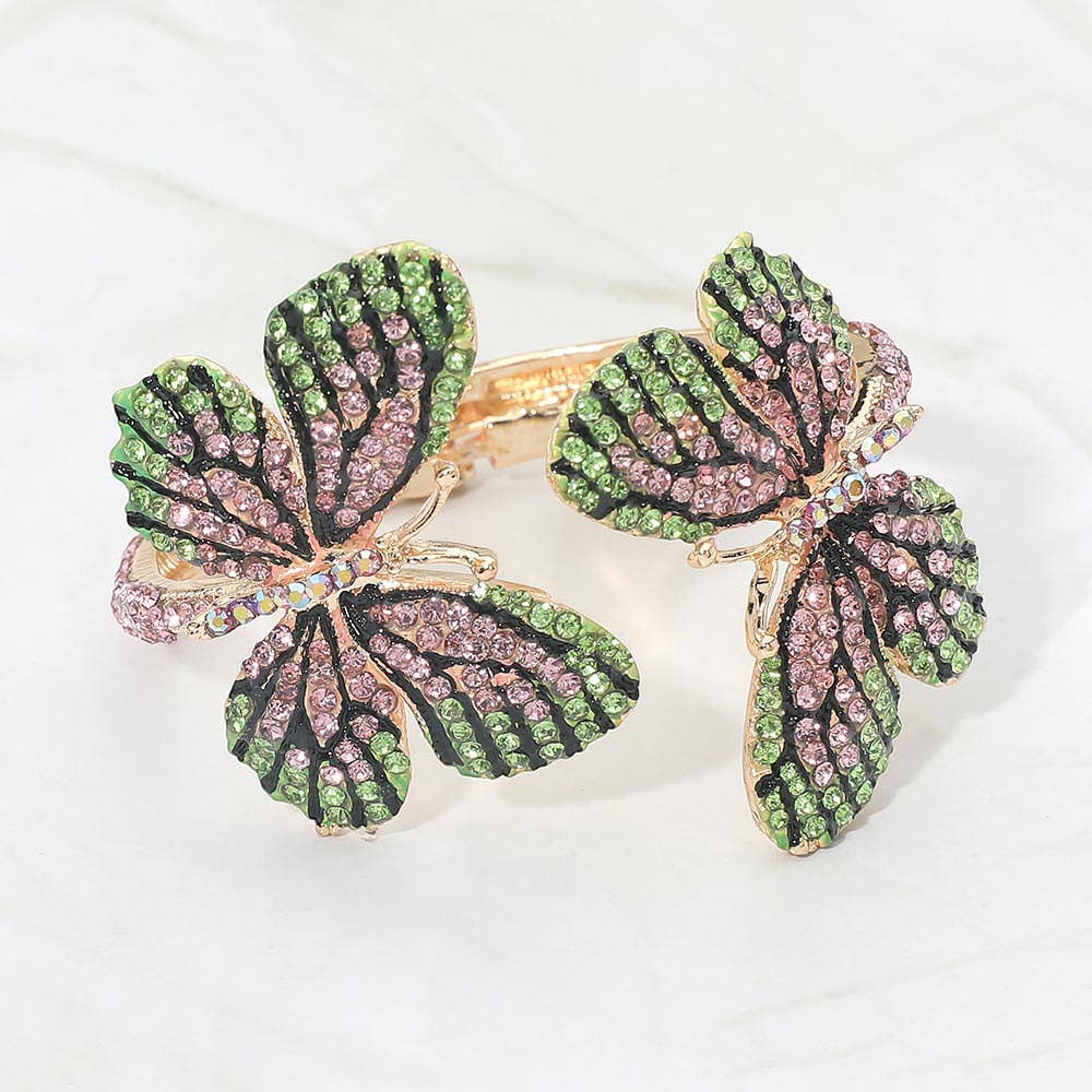 Rhinestone Embellished Double Butterfly Hinged Bangle Bracelet