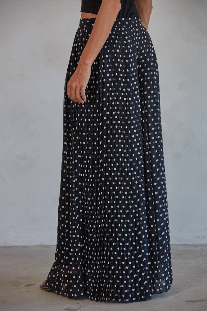 Polka Dot Pleated Chiffon Waist Band Wide Leg Pants
