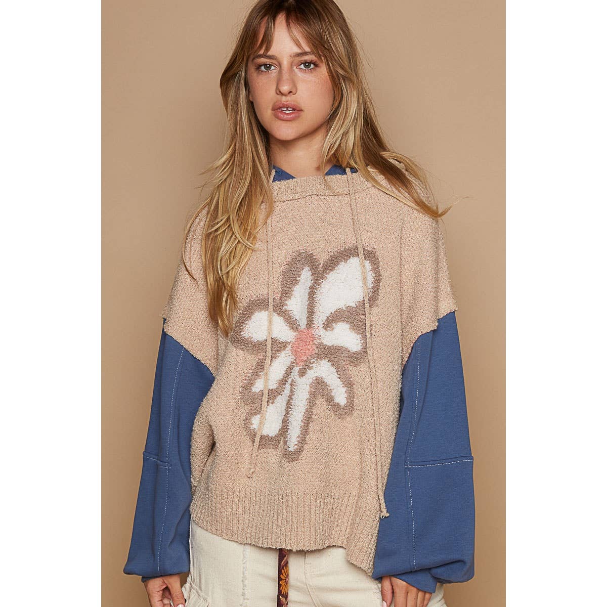 Wheat/Navy Oversized Balloon Sleeve Flower Sweater