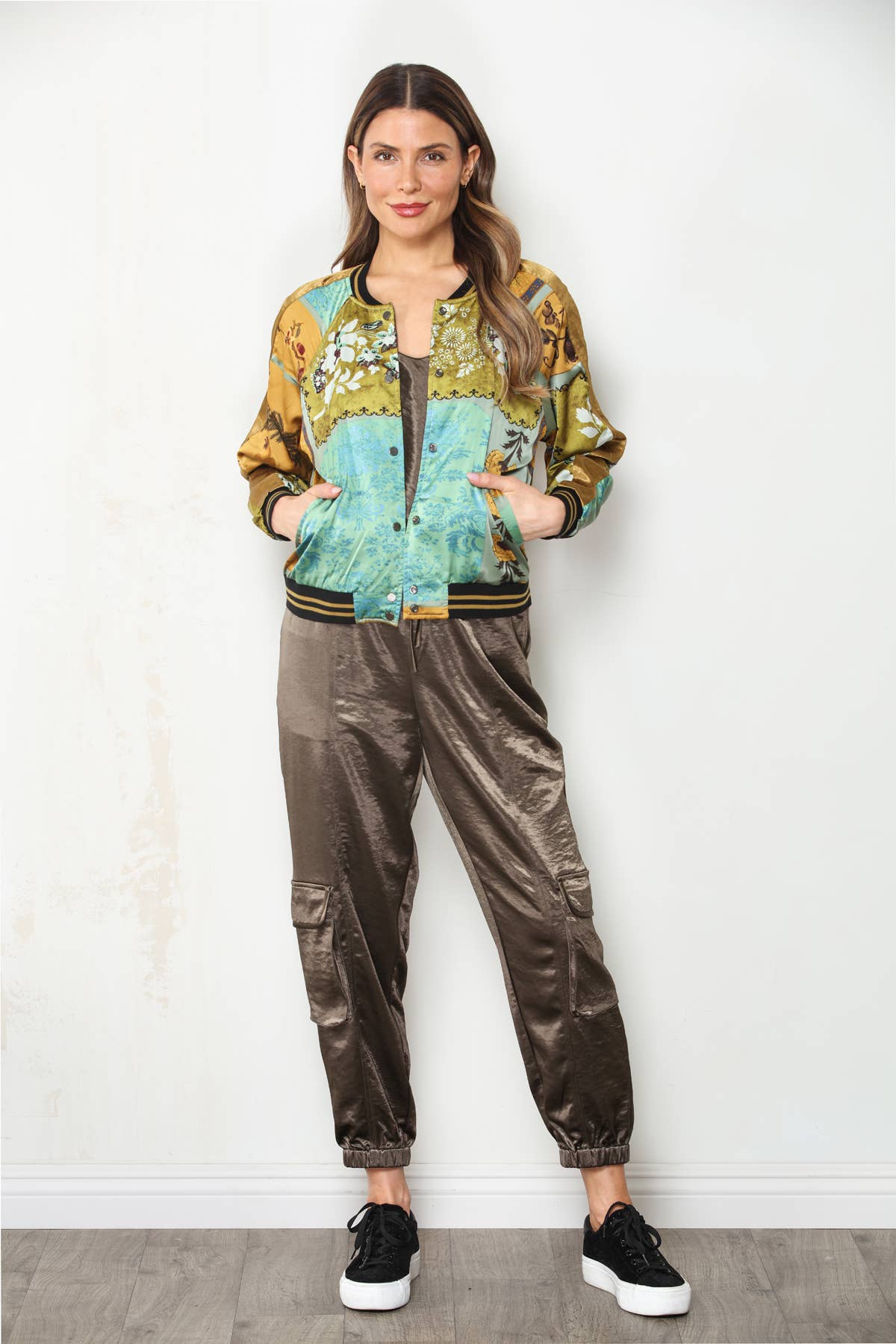 PRE ORDER AUG 7-12 Reversible Patchwork Hammered Satin Bomber Jacket