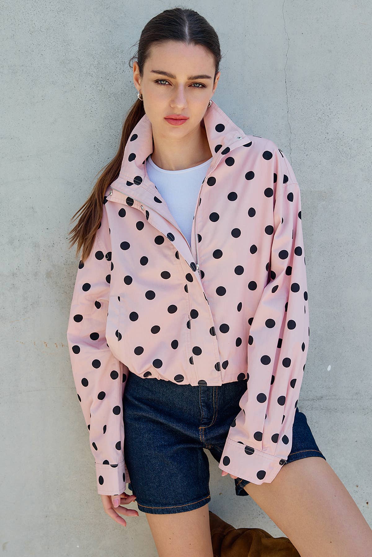 PRE ORDER SHIPS AUG 8-15 Polka Dot Stand Collar Zip Up Jacket
