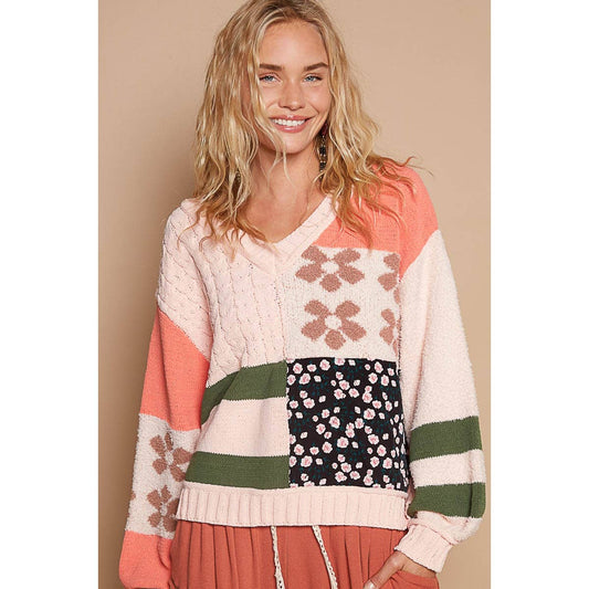 Coral and Green V-neck balloon sleeve color block floral sweater