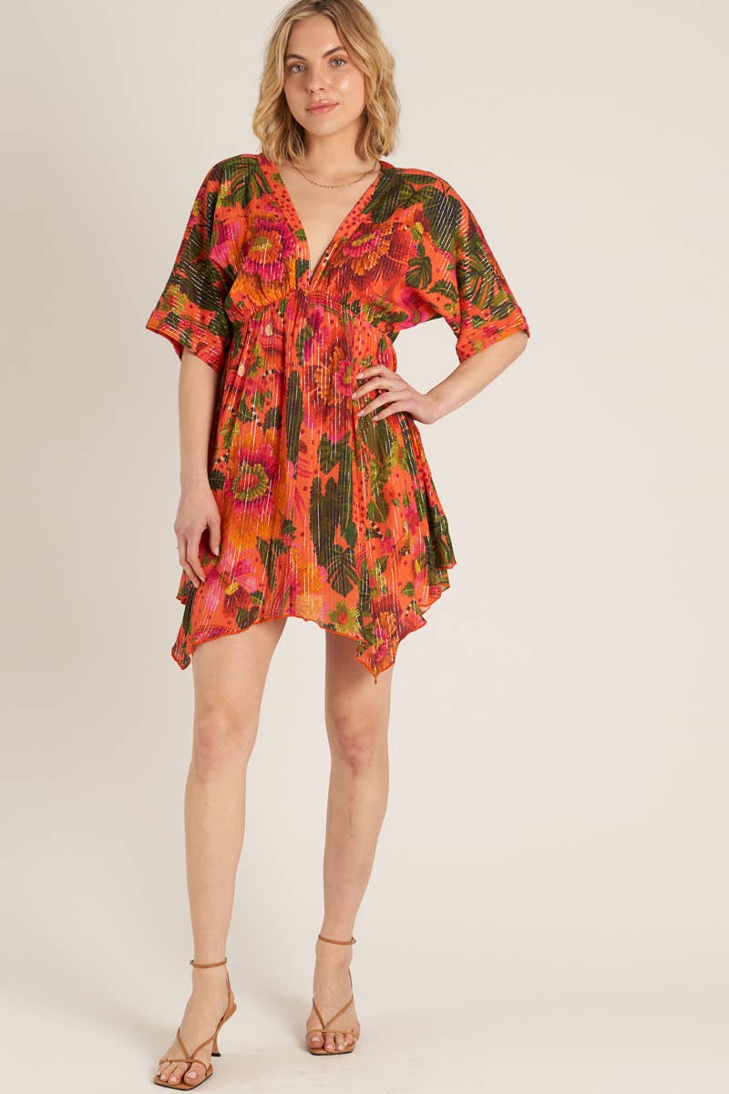 Tropical Print Mini Dress with Lurex Stripes