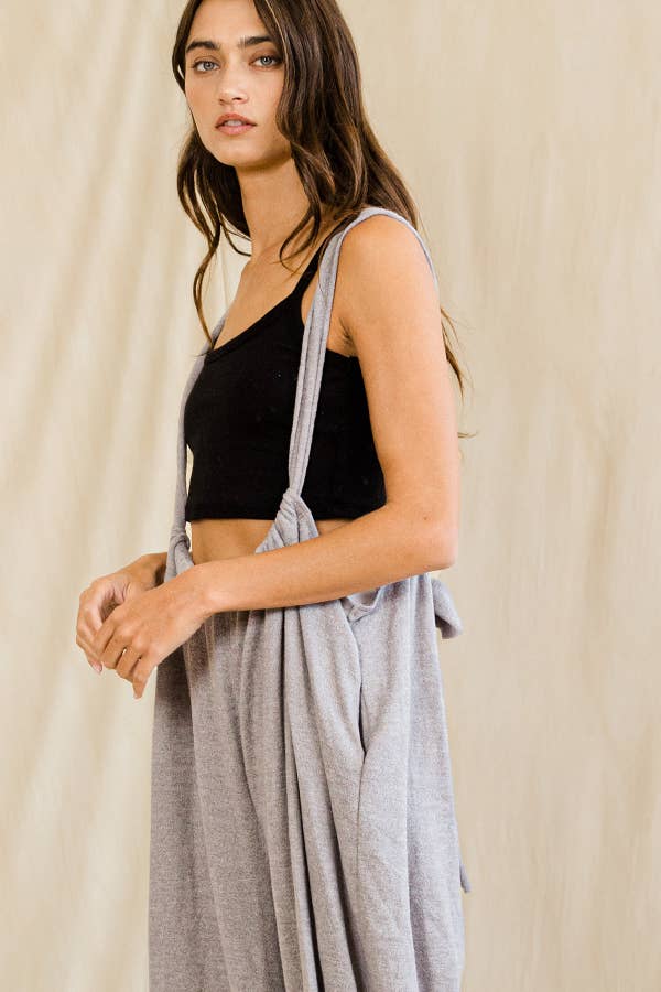 Grey Wide Leg Solid Brushed Knit Adjustable Length Jumpsuit