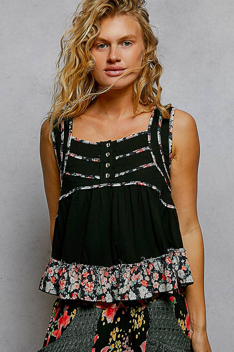 Square Neck Jersey Floral Trim Boho Tank Top