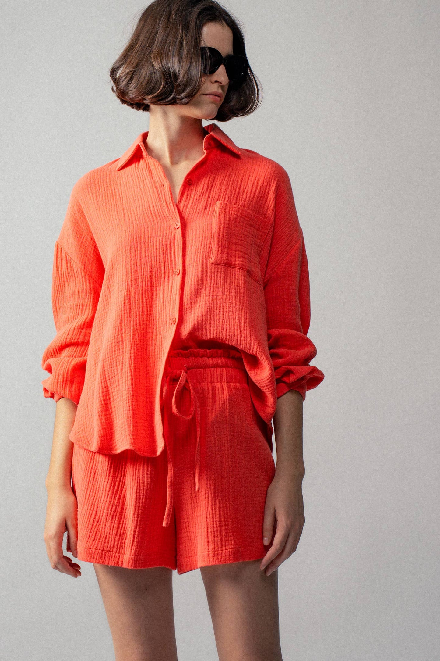 Coral Crinkle Cotton Gauze Resort Button-Up Set