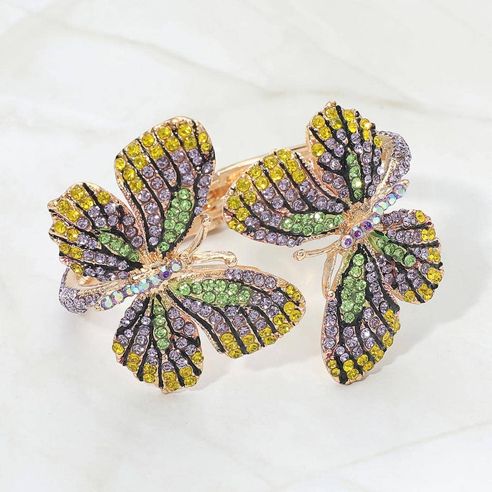 Rhinestone Embellished Double Butterfly Hinged Bangle Bracelet