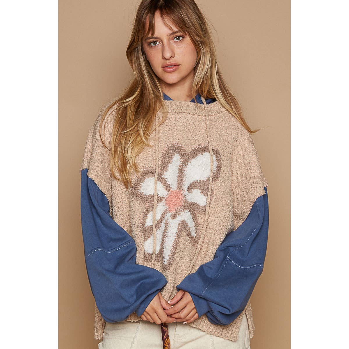 Wheat/Navy Oversized Balloon Sleeve Flower Sweater