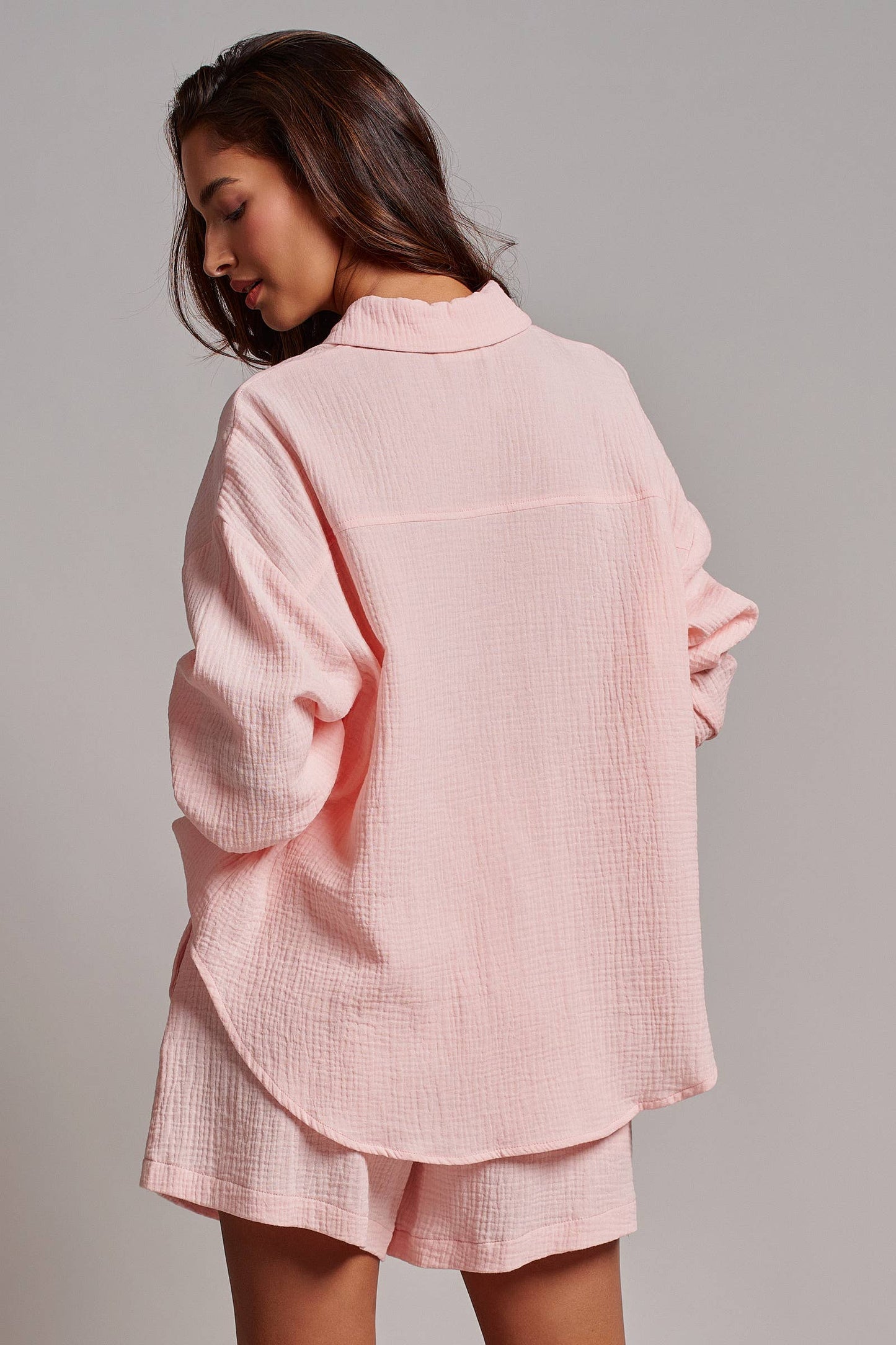 Pink Crinkle Cotton Gauze Resort Button-Up Set