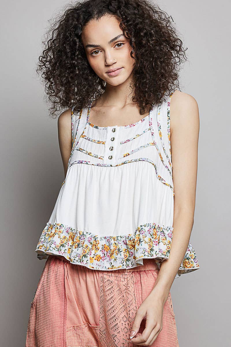 Square Neck Jersey Floral Trim Boho Tank Top