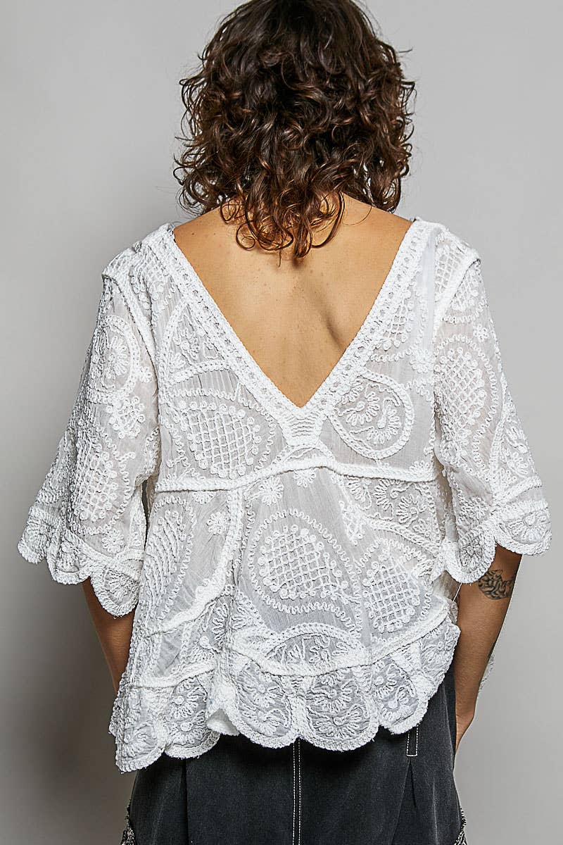 Short Sleeve V-neck Vintage Washing Solid Crochet Top