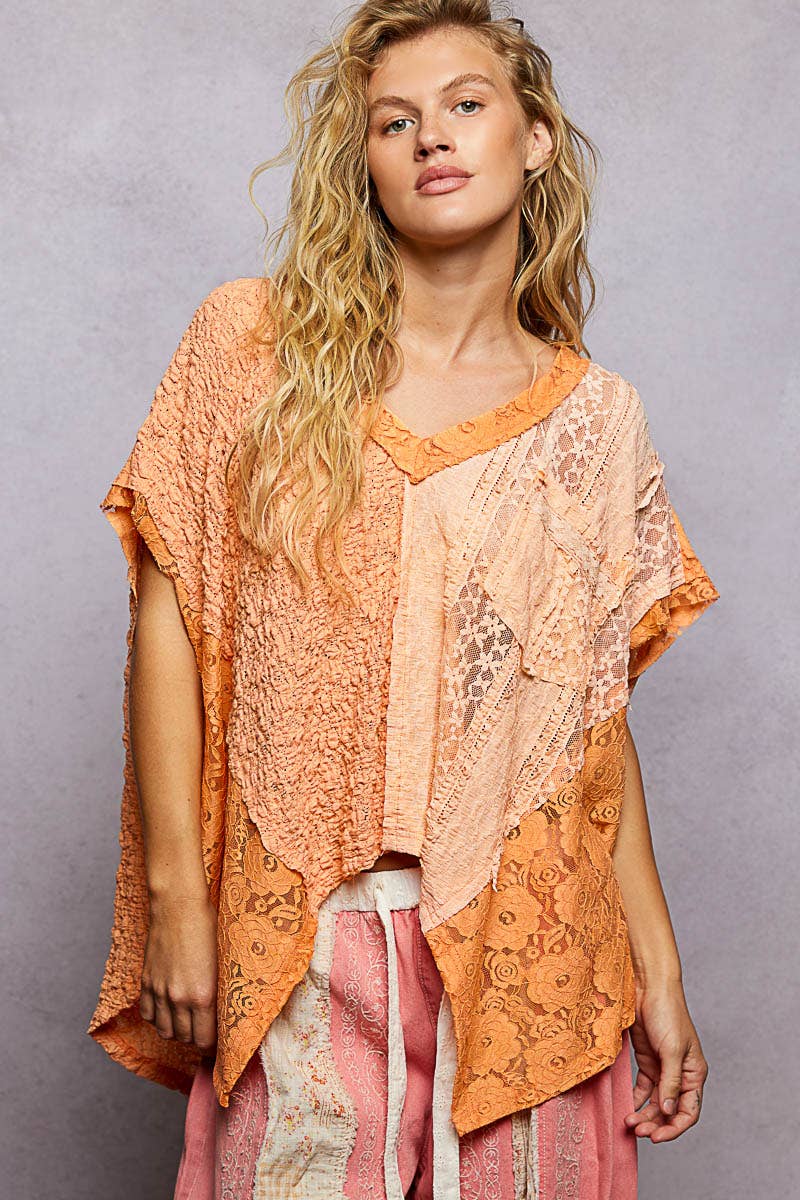 Patchwork Lace Oversized V-Neck Raw Edge Top