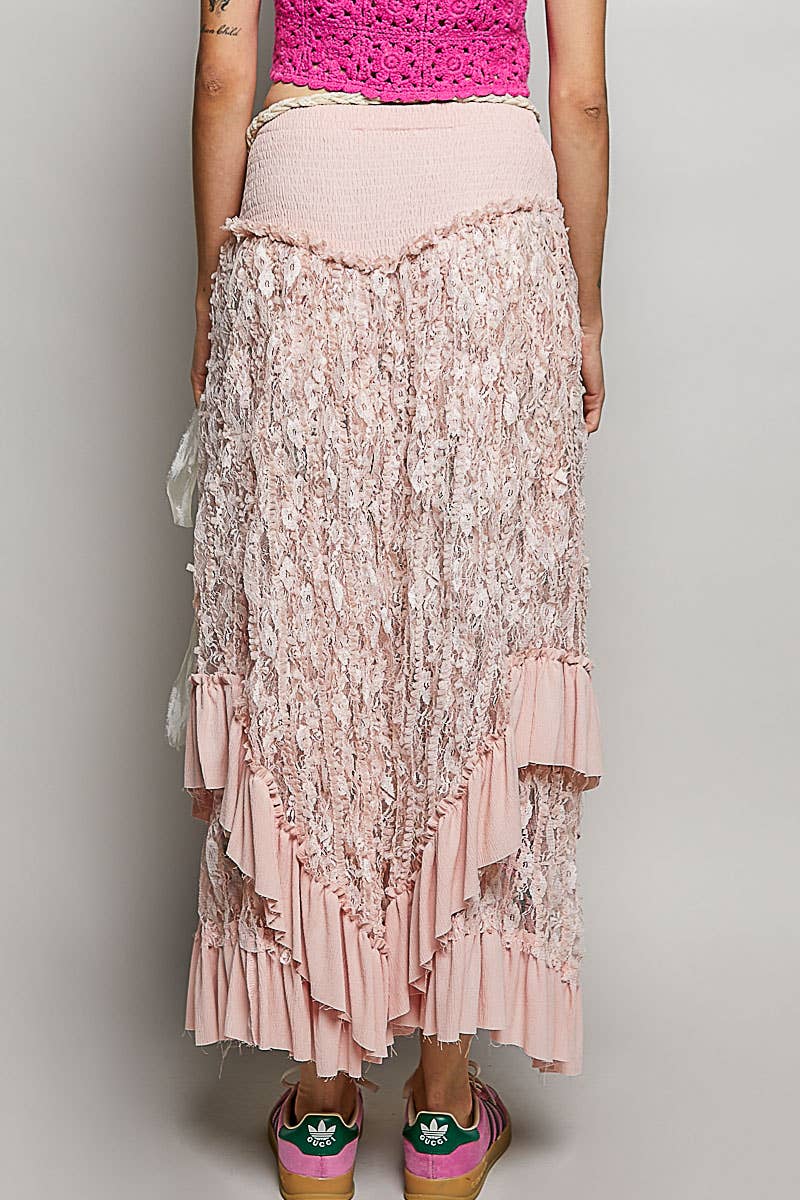 Ruffle Smocked Waist Solid Long Lace Skirt