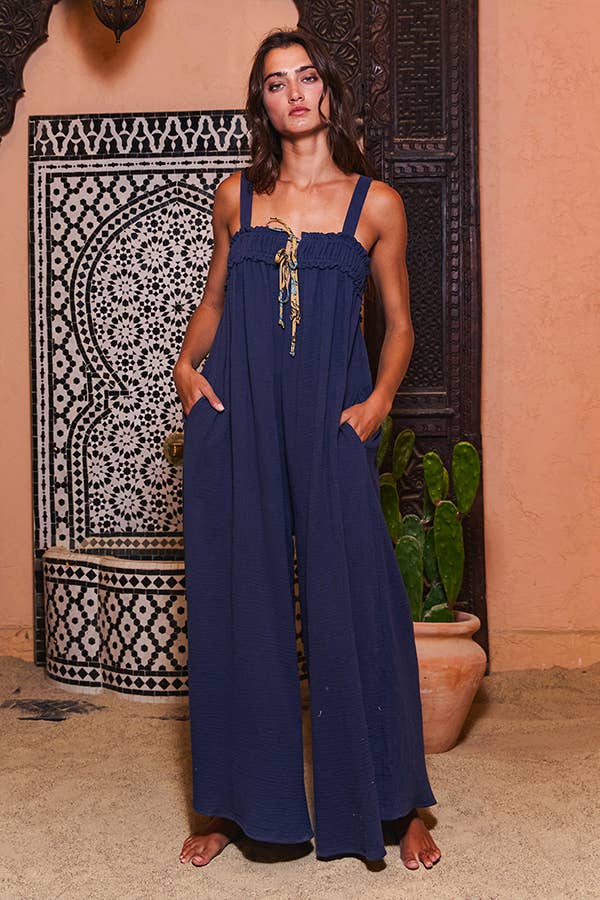 Navy Cotton Gauze Frill Detail At Neckline Jumpsuit