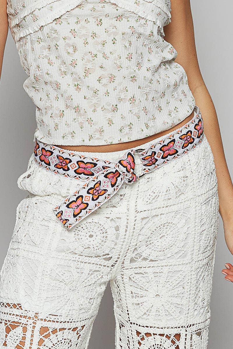 Embroidered butterfly pattern 'O' ring adjustable cloth belt