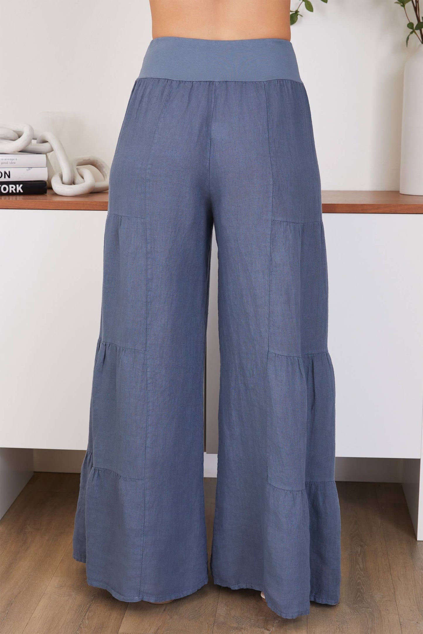 DENIM BLUE LINEN TIERED PALAZZO PANT