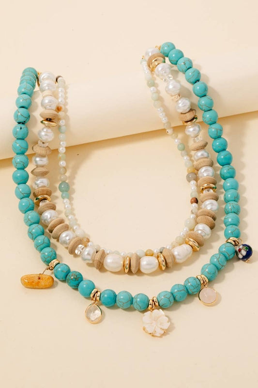 Shell Flower Pendant Mixed Beaded Layered Necklace
