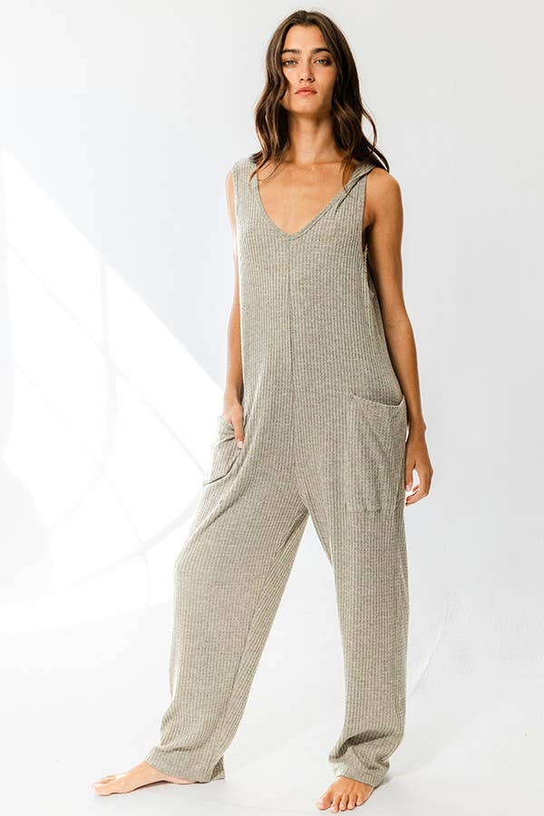 Olive Oversize Tank Textured Knit Jumpsuit With Pockets