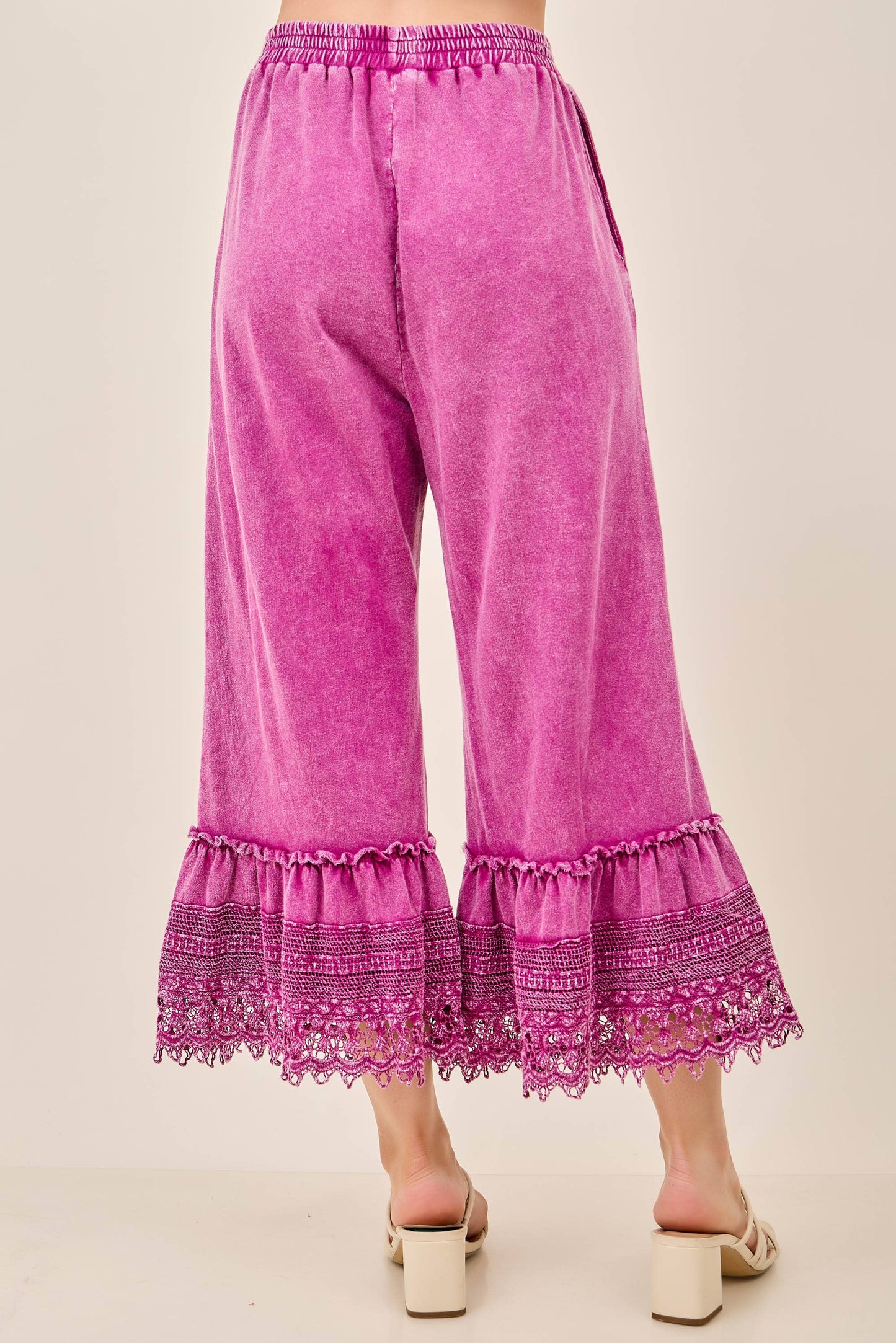 Mineral Washed Delicate lace trim hem Cropped Pants