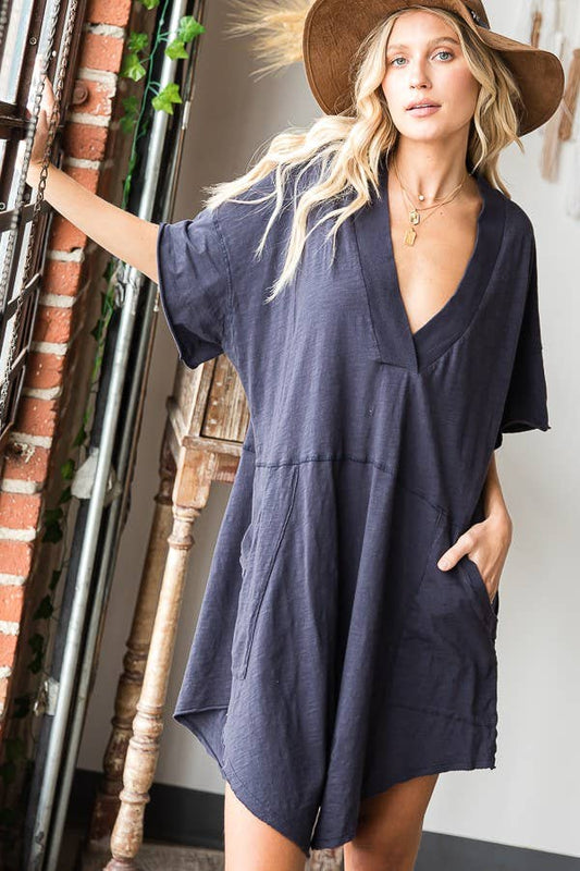 Navy Oversized Solid Romper with Pockets