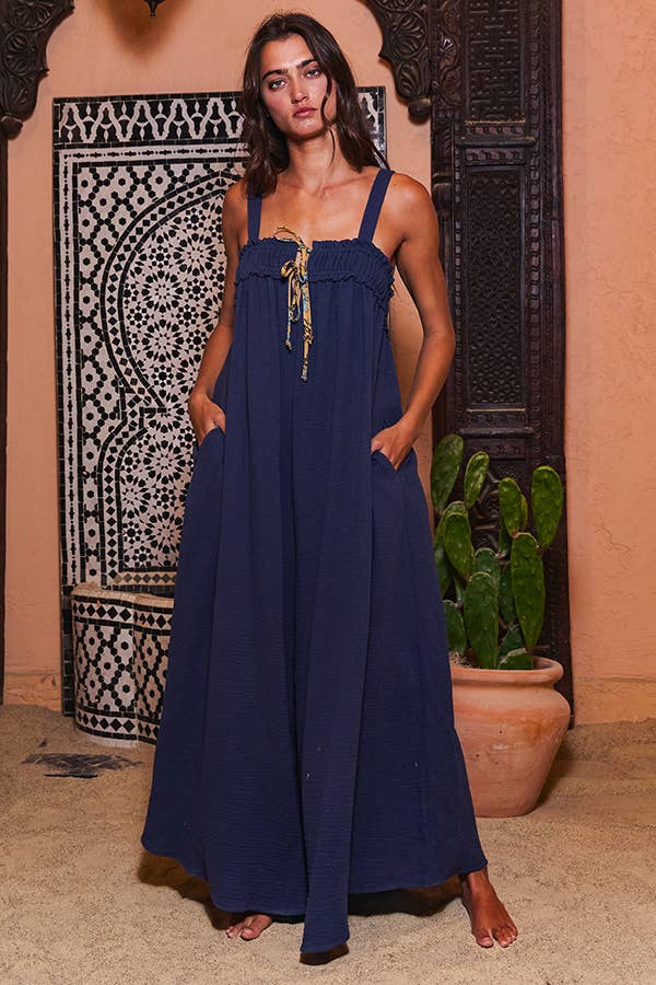 Navy Cotton Gauze Frill Detail At Neckline Jumpsuit