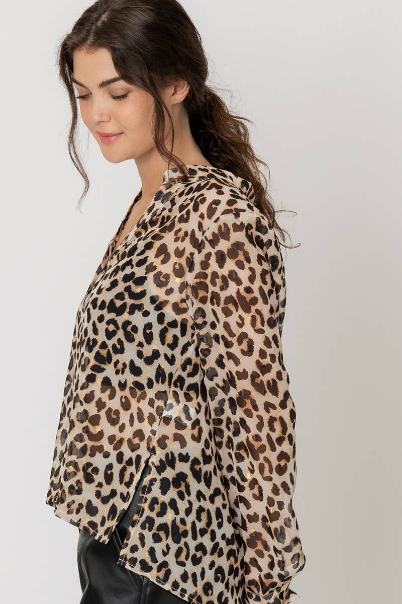 Sheer Leopard Print Button Down Blouse with Lurex