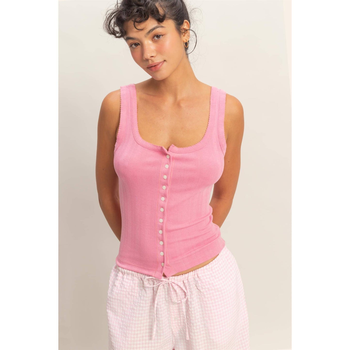 Pointelle Button Front Scoop Neck Tank Top