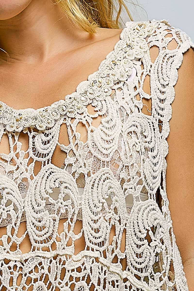 Crochet Lace Bead Neck Sleeveless Cropped Top